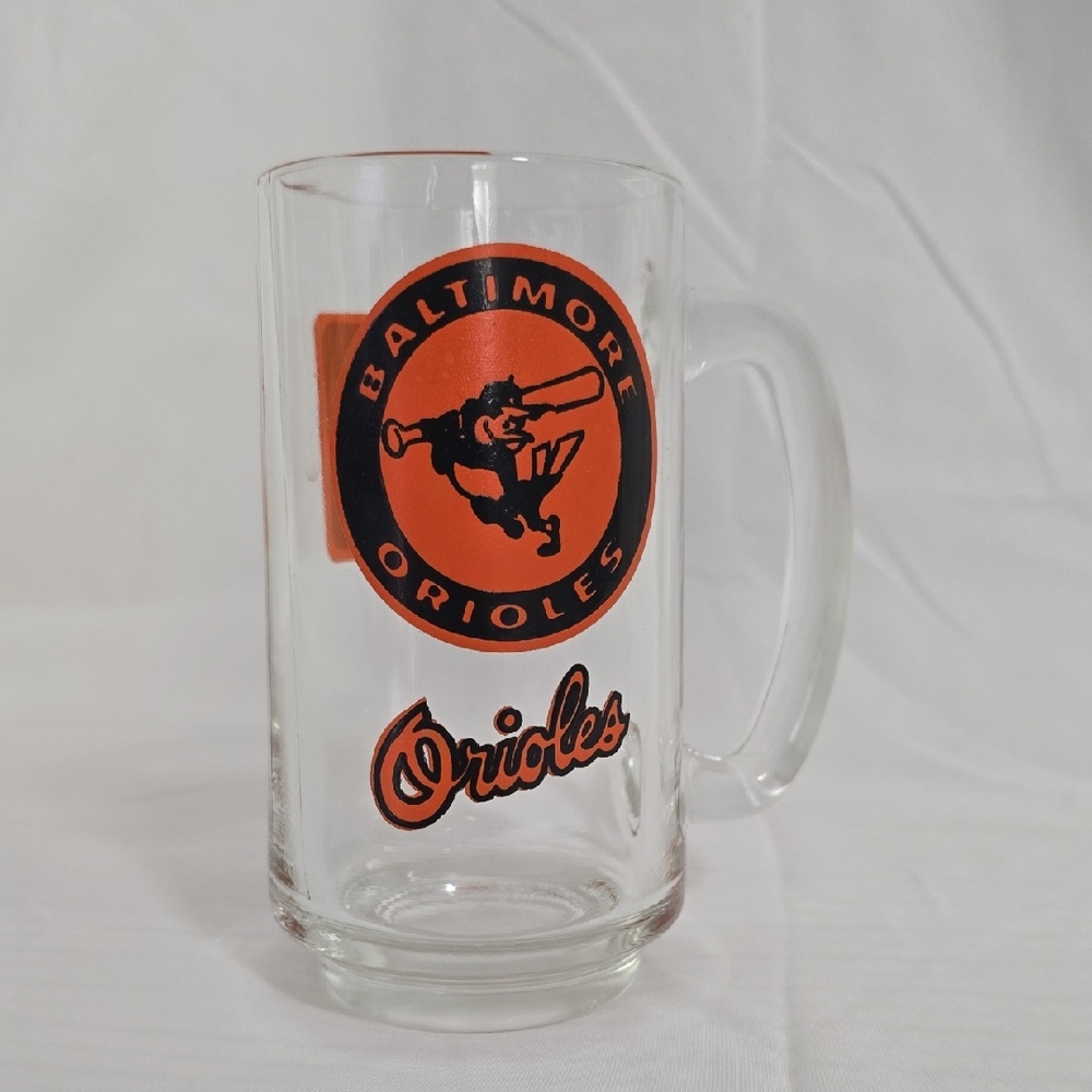 Vintage Baltimore Orioles Glass Mug - Clear w/ Orange Graphics